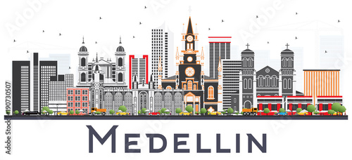 Medellín Colombia City Skyline with Gray Buildings Isolated on White Background.