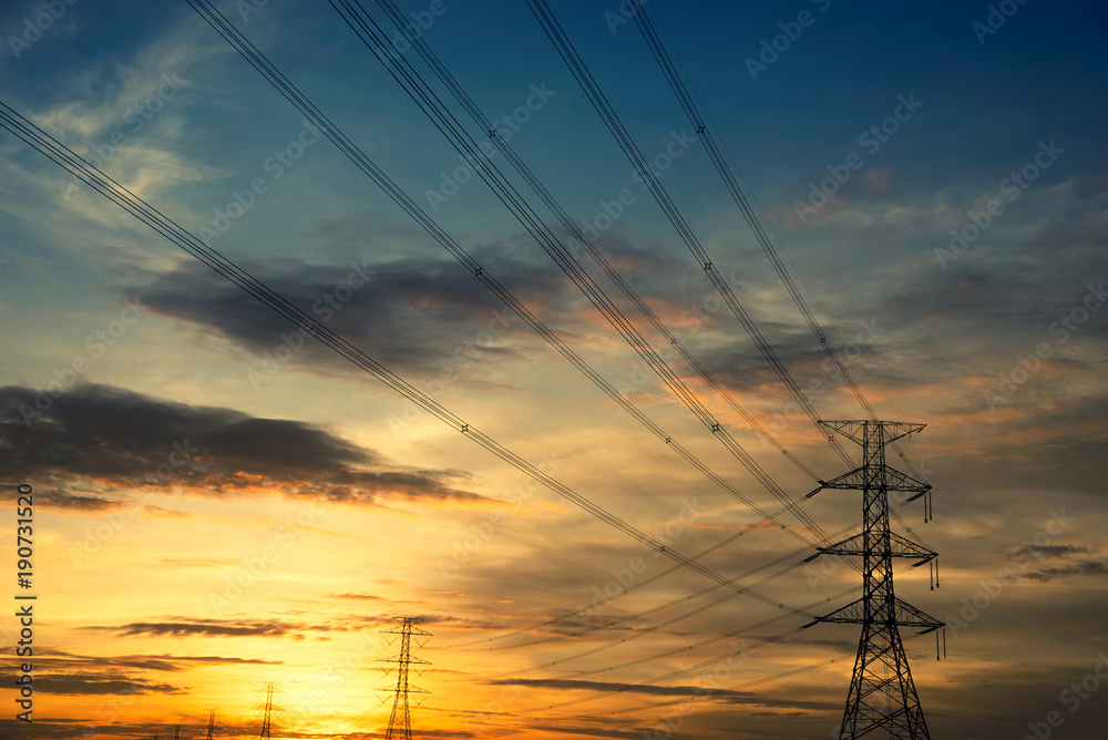 electric power line on sunset time