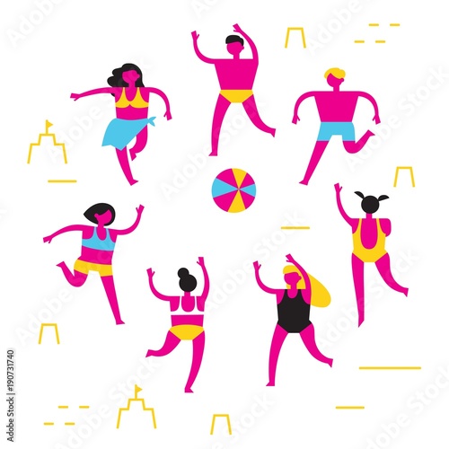 Men and women in bathing suits play beach volleyball. Trendy abstract flat illustration for advertising seasonal and tourist recreation. CMYK. Vector