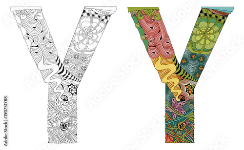 Letter Y zentangle for coloring. Vector decorative object