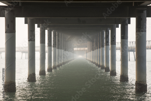 Long bridge cross over the big river or the sea for support transportation and travel between land or the city. The bridge under engineering design © bannafarsai