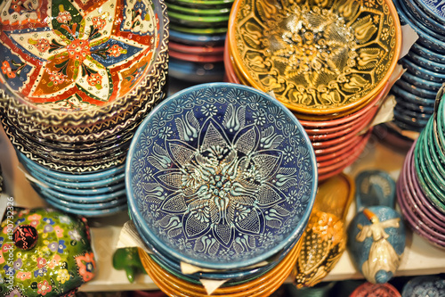 Turkey  Kemer  17 07 2014 Turkish ceramic plates with national paintings in the store