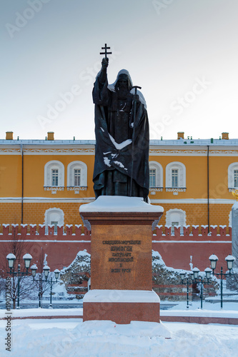 Patriarch Hermogenes Monument in Alexandrovsky garden of Moscow Kremlin. Moscow in winter