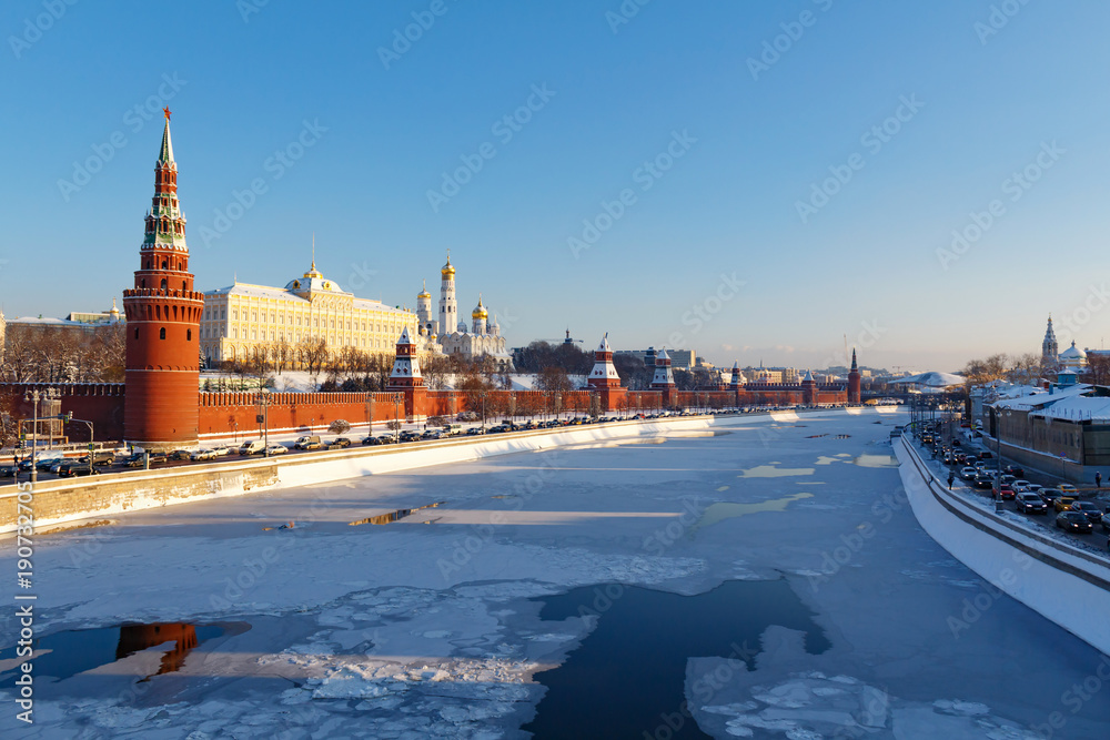 Moscow Kremlin against the background of Moskva river in sunny winter day