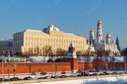 Grand Kremlin Palace in Moscow Kremlin at sunny winter day. Views from the Bol'shoy Kamennyy Bridge