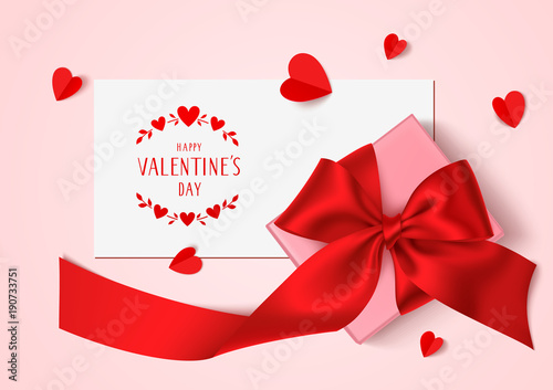 Happy Valentines Day template design. Vector background with greeting card and gift box with red bow, long ribbon and decorative hearts for your design. Top view