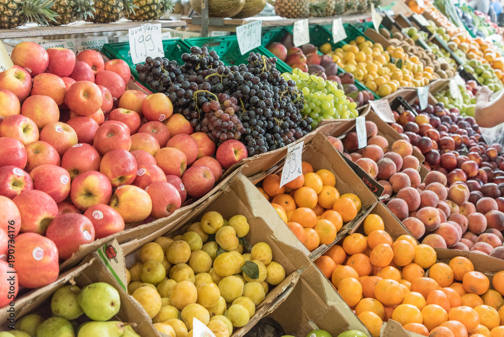 Assortment of Fruits sold at Mercado da Graca in Ponta Delgada on the island of Sao Miguel, Portugal