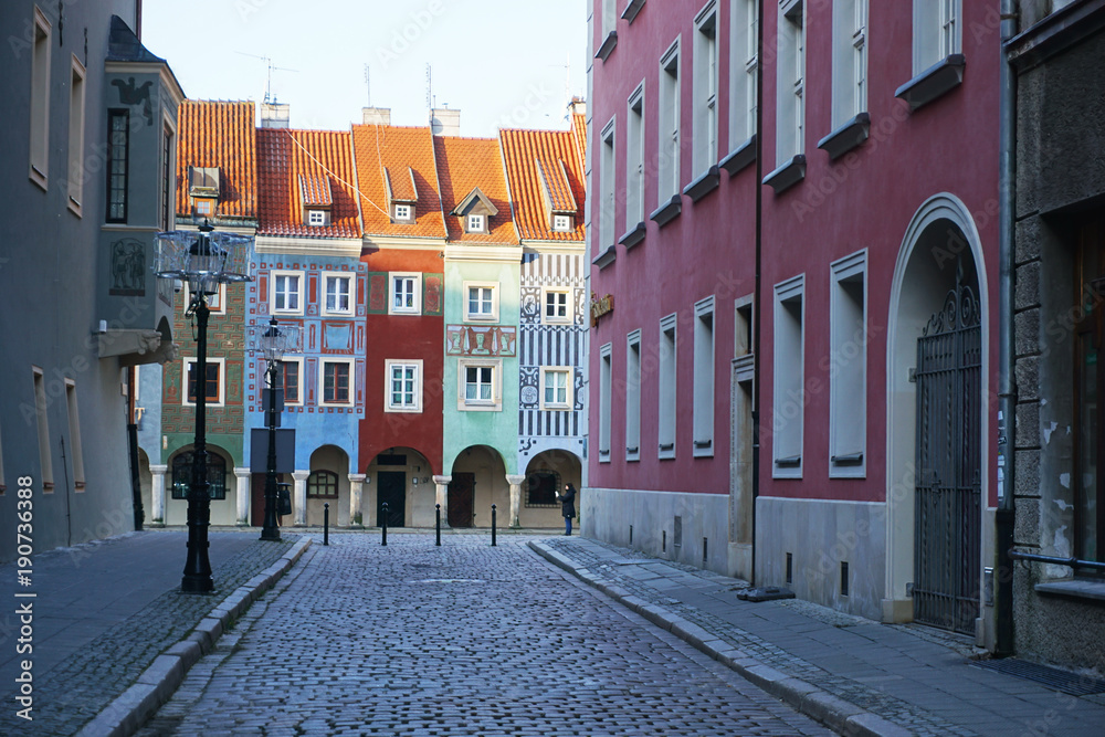 Multicolored old houses on the main square in Poznan, Poland.