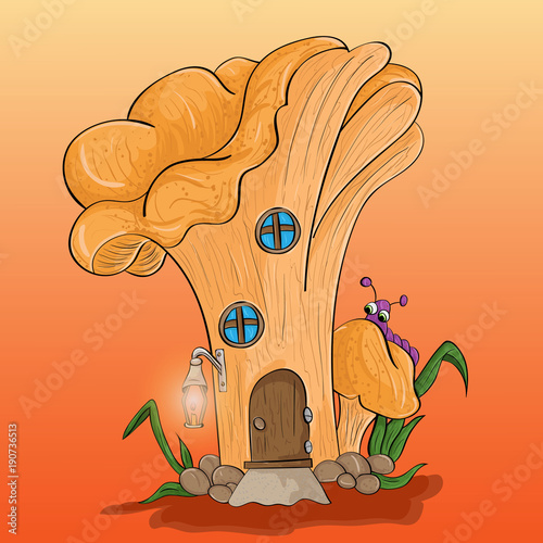 illustration of a fairy mushroom house and a worm photo