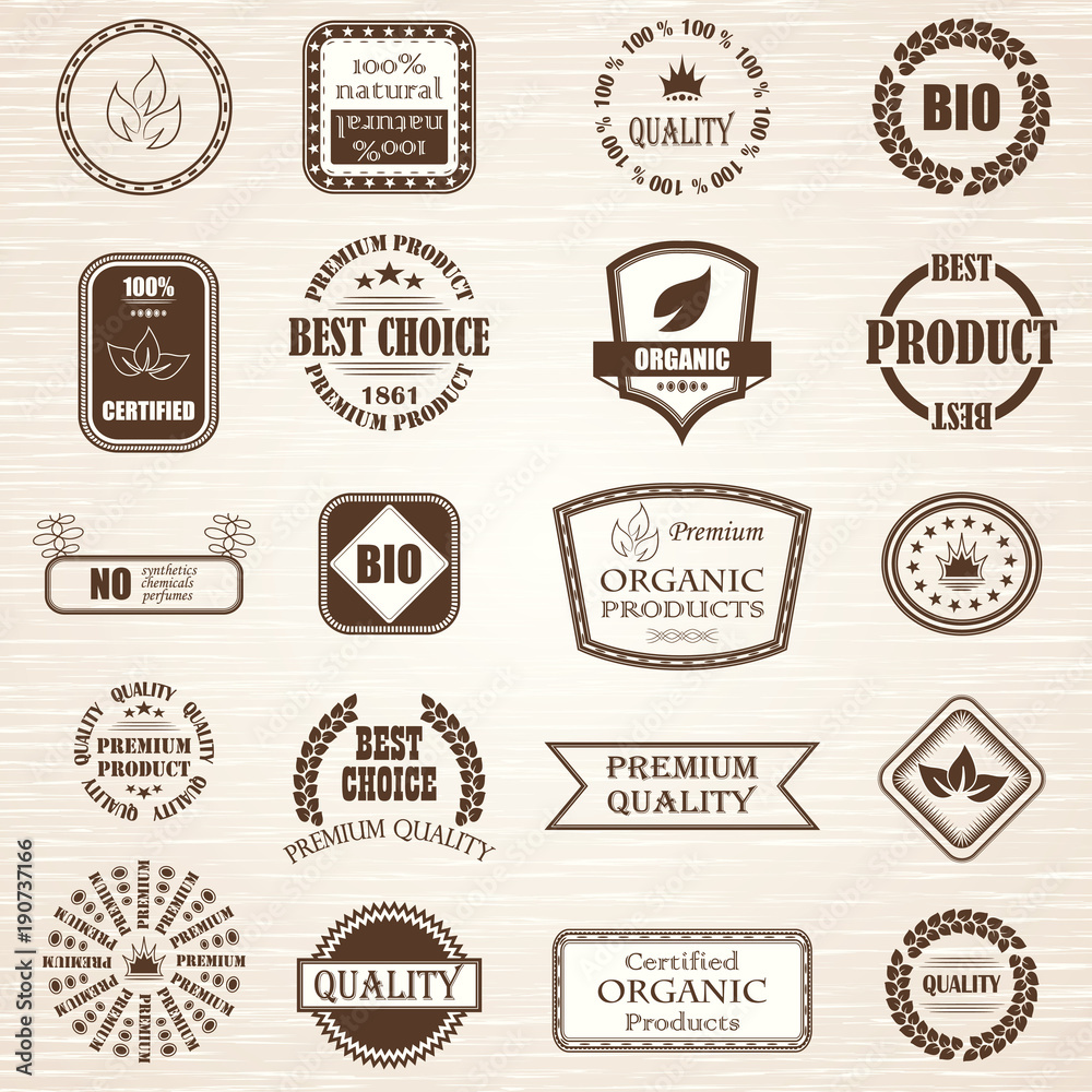 Natural organic product labels, emblems and badges. Premium quality labels. Vector set of design elements