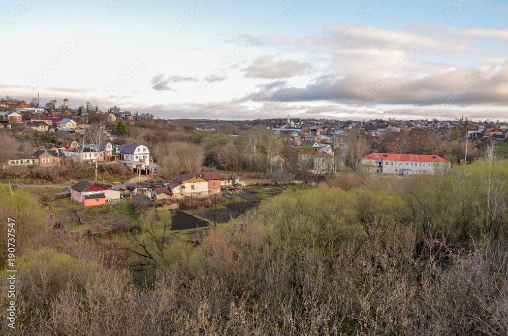 panoramic view of Yelchik river valley and Znamensky eparchial convent in early spring Yelets, Lipetsk region, Russia