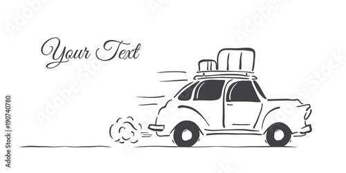 Hand-drawing isolated retro car with luggage on the roof on white background.