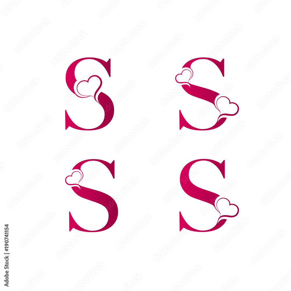 Set of S letter logos with heart icon, valentines day concept ...