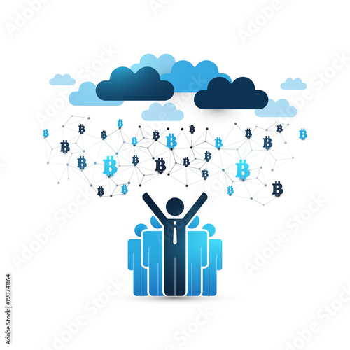 Cloud Computing Design Concept with Happy Businessmen and Icons - Digital Network Connections, Technology Background, Vector Template