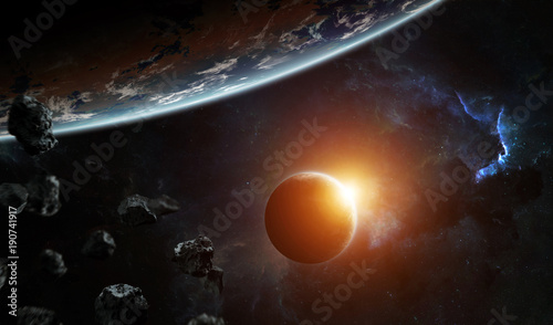 Fototapeta Naklejka Na Ścianę i Meble -  Distant planet system in space with exoplanets 3D rendering elements of this image furnished by NASA
