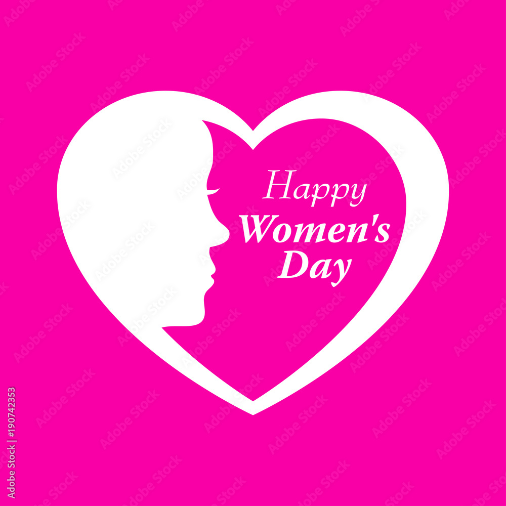 Icono plano Happy Women s Day y corazon con cabeza mujer en fondo rosa Icono plano Happy Women s Day y corazon con cabeza mujer en fondo rosa