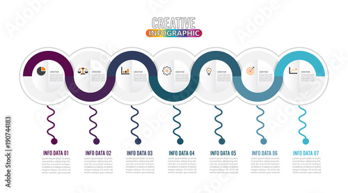 7 Parts infographic design vector and marketing icons can be used for workflow layout, diagram, report, web design. Business concept with options, steps or processes.