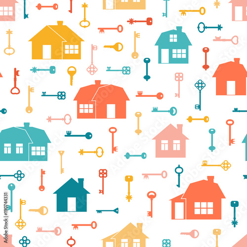 Seamless pattern with keys and houses on a white background.