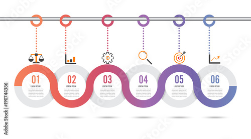 Template Timeline Infographic colored horizontal numbered for six position can be used for workflow, banner, diagram, web design, area chart photo