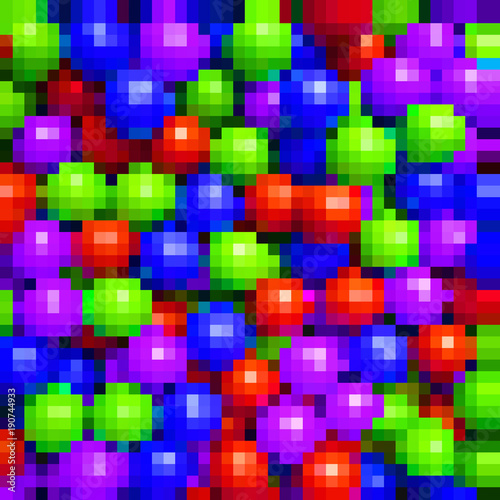 pixel poster color squares. banner mosaic red, blue, purple. abstract balls. colored background pattern for design. halftone effect. colorful grunge texture. eps10 vector