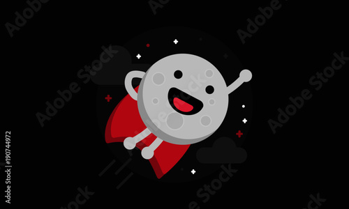 Super Moon Cartoon Flying Superhero With Cape in Flat Style Design