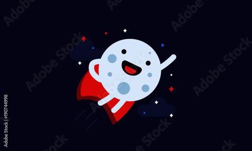 Super Moon Cartoon Flying Superhero With Cape in Flat Style Design