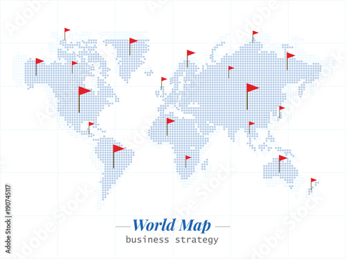 World Business Strategy. Blue Bitmap of world book with the flag of strategy. Vector template for website, design, cover, annual reports.