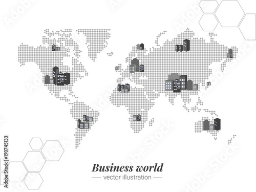 Business world. Monochrome Bitmap of world map. People around the world communicate even day and night. Vector template for website, design, cover, annual reports.