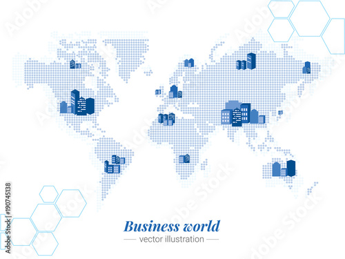 Business world. Monochrome Bitmap of world map. People around the world communicate even day and night. Vector template for website  design  cover  annual reports.