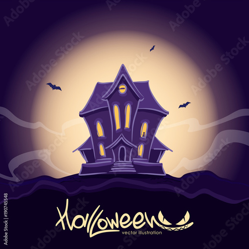 Haunted witch house at Halloween night with black cat in the window.