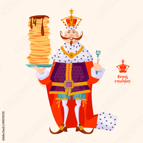King wearing a crown and royal mantle, holds a stack of pancakes. Happy pancake Day! Vector illustration