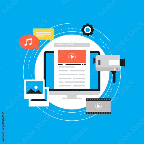 Video marketing campaign, online promotion, digital marketing, internet advertising flat vector illustration. Video tutorials, viral marketing design for web banners and apps