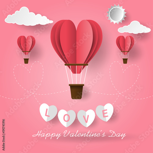 Paper art style of hot air balloons flying in the air with clouds and sun, for background, invitation card with text love.