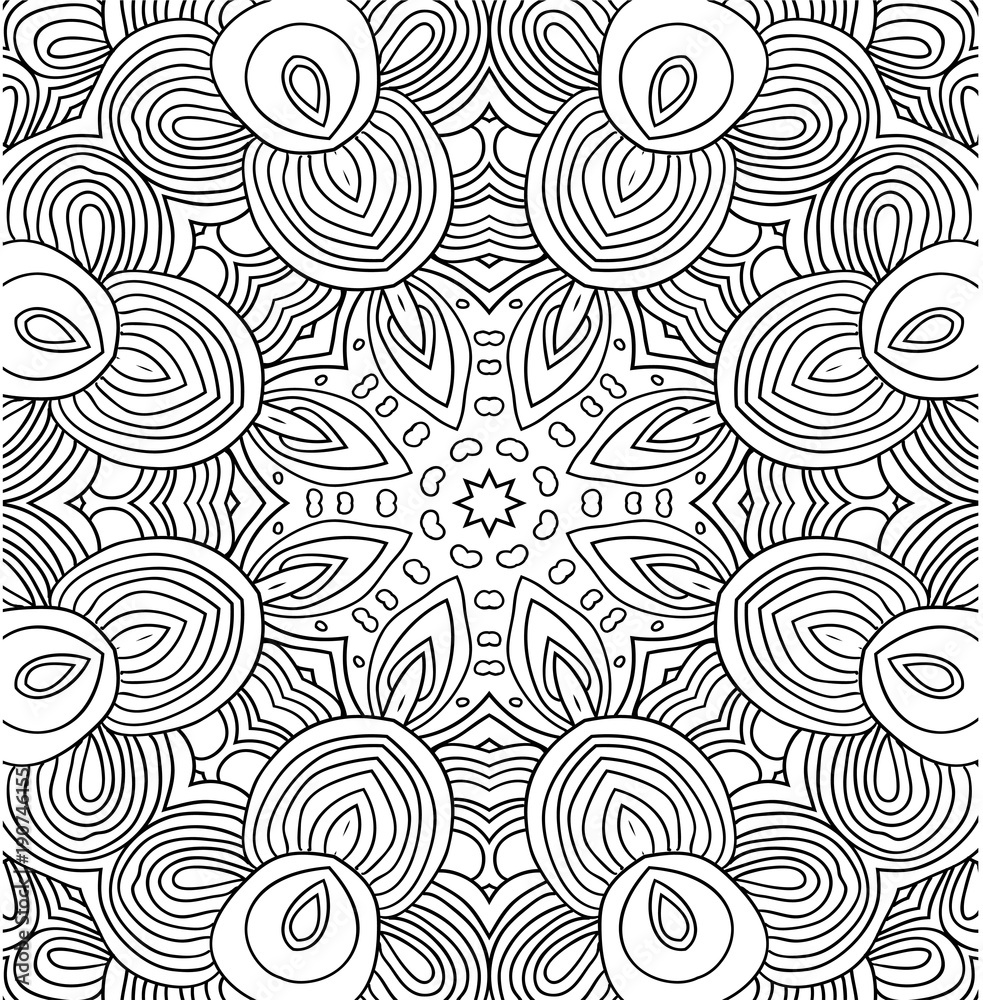 Black and white abstract pattern with leaves and flowers. Doodle. Hand drawn zentagles. Coloring book. Mandala. 