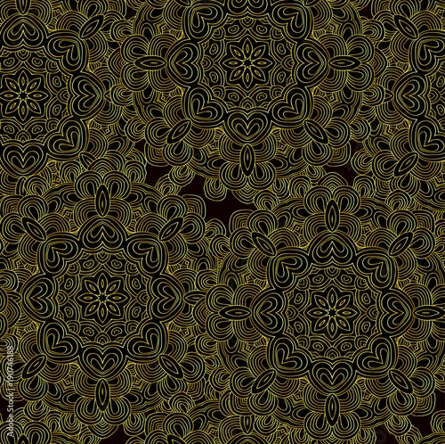 Golden and black seamless lace pattern. Circle pattern with many details.