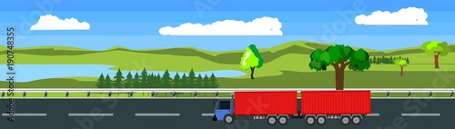 Flat horizontal banner illustration of nature landscape, road with truck,