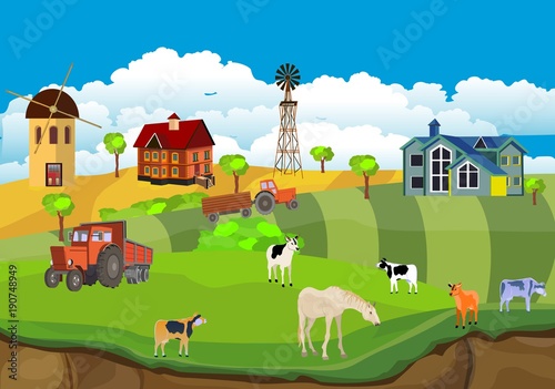 Fototapeta Naklejka Na Ścianę i Meble -  Countryside illustration vector, ummer farm  background,  red barn and mill in the summer field farm animals, houses.