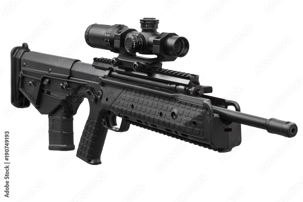 Modern rifle with an optical sight isolated on white Modern rifle with an optical sight isolated on white