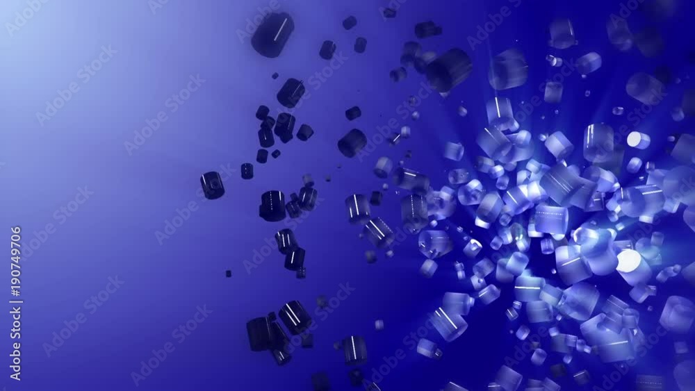 Weightlessness. Rotating blue cylinders on deep blue background. 3D computer generated geometric animation.