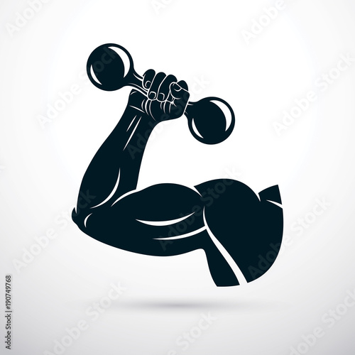 Vector illustration of athletic sportsman arm holding dumbbell. Fitness workout.
