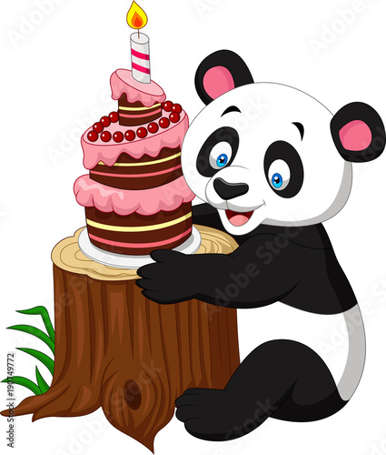 Fototapeta Naklejka Na Ścianę i Meble -  Cartoon funny panda with birthday cake