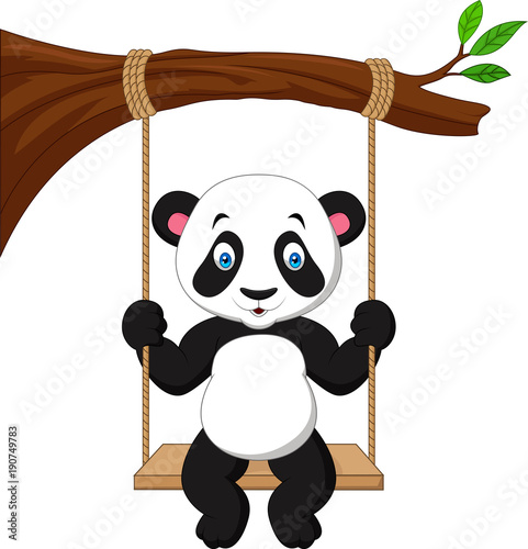Fototapeta Naklejka Na Ścianę i Meble -  Cartoon cute panda swinging
