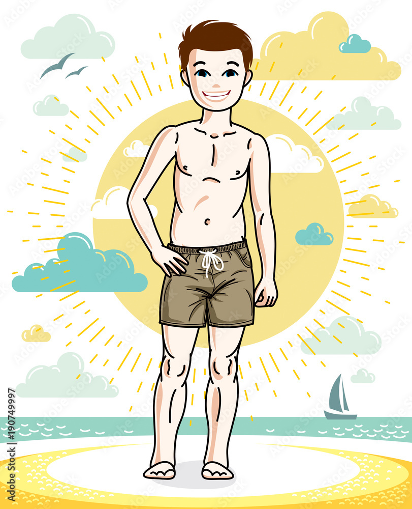 Pretty child boy standing in colorful stylish beach shorts. Vector beautiful human illustration. Fashion theme clipart.