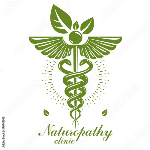 Caduceus logo composed with poisonous snakes and bird wings, healthcare conceptual vector illustration. Alternative medicine theme.