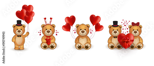 Set of funny cartoon teddy bears in love with heart.