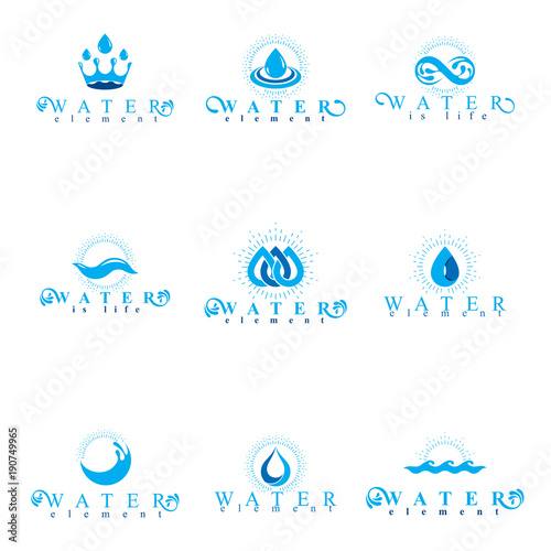 Fresh mineral water design emblems like water drops, H2O symbols, wave splash and limitless logotypes. Cleaning services business logos, water treatment concept.