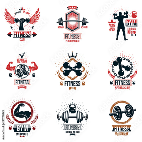 Vector fitness workout theme logotypes and inspiring posters collection created with dumbbells, barbells, disc weights sport equipment and muscular sportsman body silhouettes.