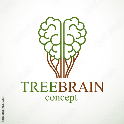 Tree Brain concept, the wisdom of nature, intelligent evolution. Human anatomical brain in a shape of green tree. Brain feeding with diet products. Vector logo or icon design.