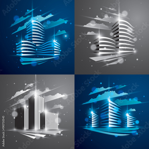 Futuristic buildings set, modern vector architecture illustrations with blurred lights and glares effects. Real estate realty business center blue and grey designs. 3D business office facades in city.