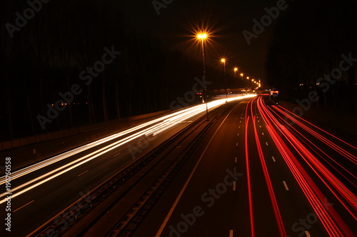 Stripes of light along highway A20 in Nieuwerkerk aan den IJssel, the Netherlands